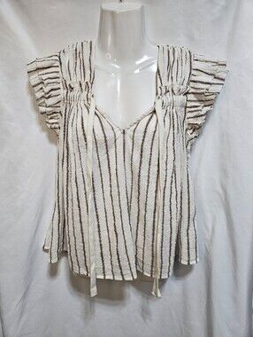 Ulla Johnson Cotton Gauze Metallic Stripe Ruffle Sleeve Boho Peasant Top 4